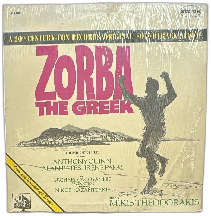Zorba The Greek 20th Century Fox Records Original Soundtrack Vinyl Album 1964: Zorba the Greek original soundtrack vinyl LP, 1964 stereo edition by 20th Century Fox Records. Features music by Mikis Theodorakis for the acclaimed film starring Anthony Quinn, Alan Bates, and Irene