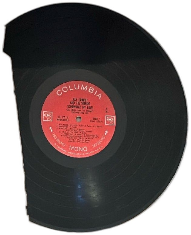 Columbia Ray Conniff And The Singers Somewhere My Love CL 2519 Mono Vinyl Damage: Vintage Columbia Records Ray Conniff And The Singers Somewhere My Love CL 2519 Mono LP vinyl record. Iconic 1960s easy listening album with red Columbia 360 Sound label. Heavy black vinyl with red cen