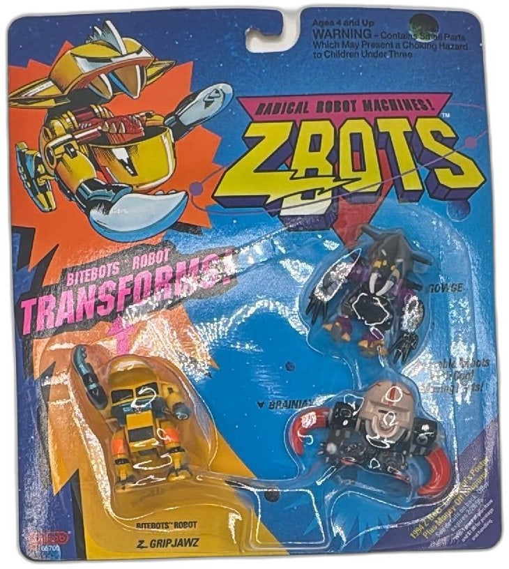 1993 Galoob Z-Bots Bitebots Robot 3 Pack Z Gripjawz Gowge Brainiax Sealed: 1993 Galoob Z-Bots Bitebots Robot 3 Pack sealed on original card includes Z Gripjawz Gowge and Brainiax. Classic 90s transforming robot action figures, part of the "Radical Robot Machines" line. Featu