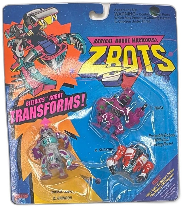 1993 Galoob ZBots Bitebots Robot 3Pack Triex ZSuckoid ZGrindor New Sealed MOC: Vintage 1993 Galoob ZBots Bitebots Robot 3-Pack features Triex, Z Suckoid, and Z Grindor, still sealed on the original card. Classic 1990s radical robot machines, these transforming action figures are