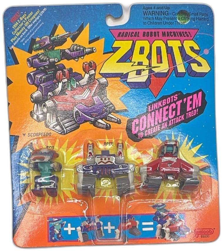 1993 Galoob ZBots Scorpeedo Linkbots 3Pack Sealed Vintage Robot Toys MOC: Vintage 1993 Galoob ZBots Scorpeedo Linkbots three-pack sealed on original card. Features mini robot action figures named SCO, RPEE, and DO, designed to connect into a larger attack tread vehicle. Col