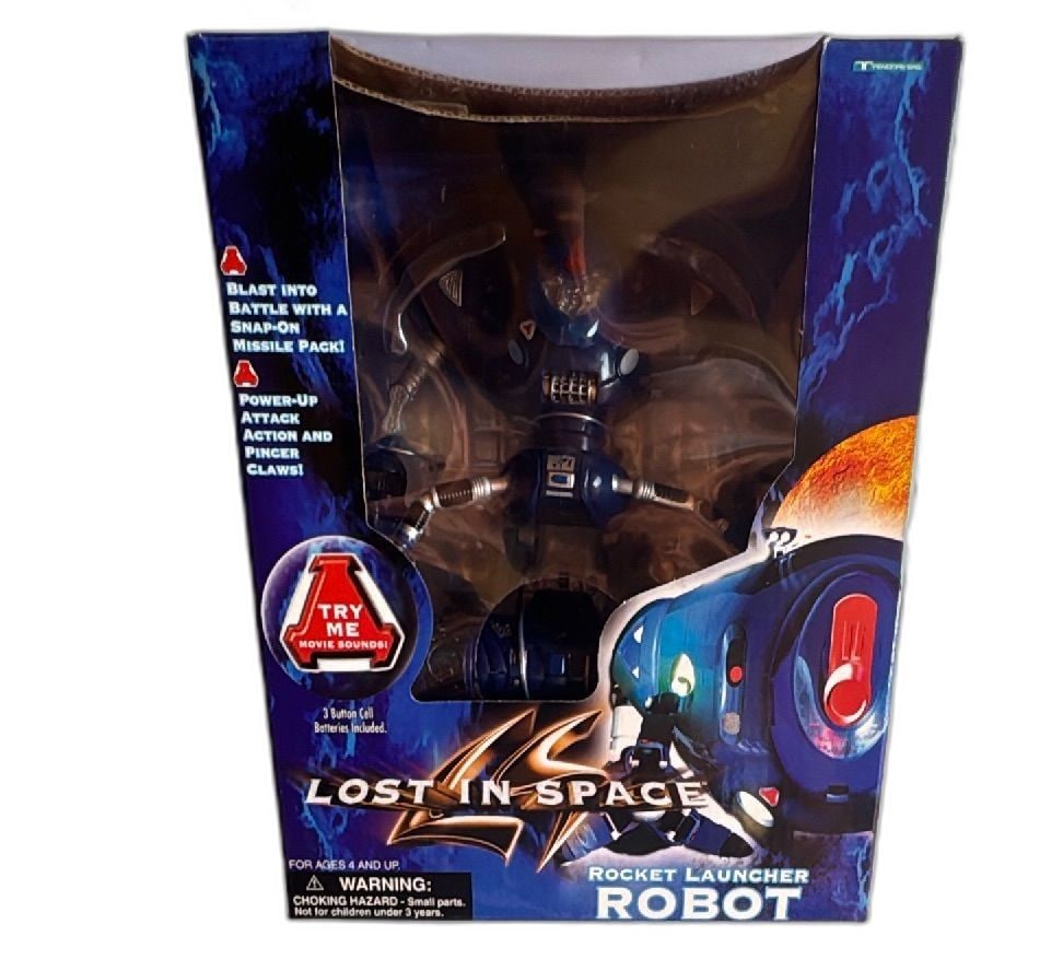 1997 Lost In Space Rocket Launcher Robot Figure Trendmasters Movie Sounds New: Lost In Space Rocket Launcher Robot action figure by Trendmasters 1997, new in box. Features pop-up face plate, powerful rocket launcher, gripping pincer claws, poseable utility arms, and rolling robo