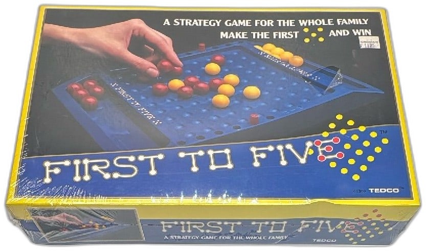 First To Five Board Game 1987 Tedco Vintage Strategy Game New Sealed USA: Vintage First To Five board game by Tedco from 1987, sealed in original shrink wrap. Classic family strategy game featuring a blue playing board and two sets of colored marbles (red and yellow). Playe