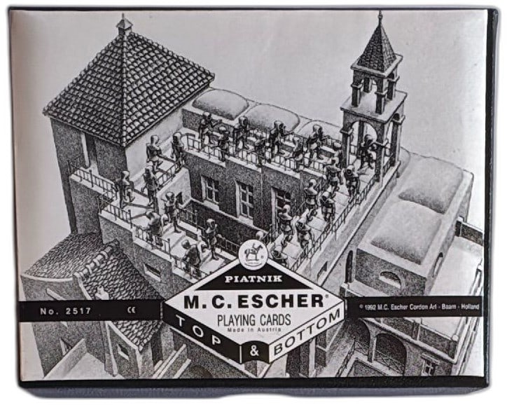 Piatnik MC Escher Top And Bottom Double Deck Playing Cards 1992 Art Austria Boxe: Piatnik M.C. Escher Top & Bottom double deck playing cards set, made in Austria, features iconic Escher artwork from 1992. Complete set includes original box with matching surrealistic art and 2 decks