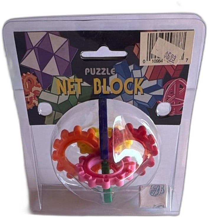 Charm Max Net Block Interlocking Plastic Puzzle New Sealed Vintage Toy: Vintage Charm Max Net Block interlocking puzzle toy. Features three colorful plastic gear-shaped rings and stick pieces, packaged new and sealed on original card. Toy is made from durable plastic and