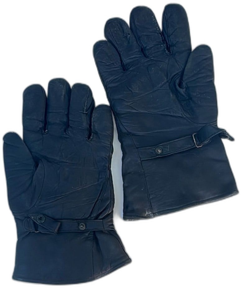 Vintage German WWII Era Black Leather Shearling Lined Gloves Adjustable Wrist (1 of 9)