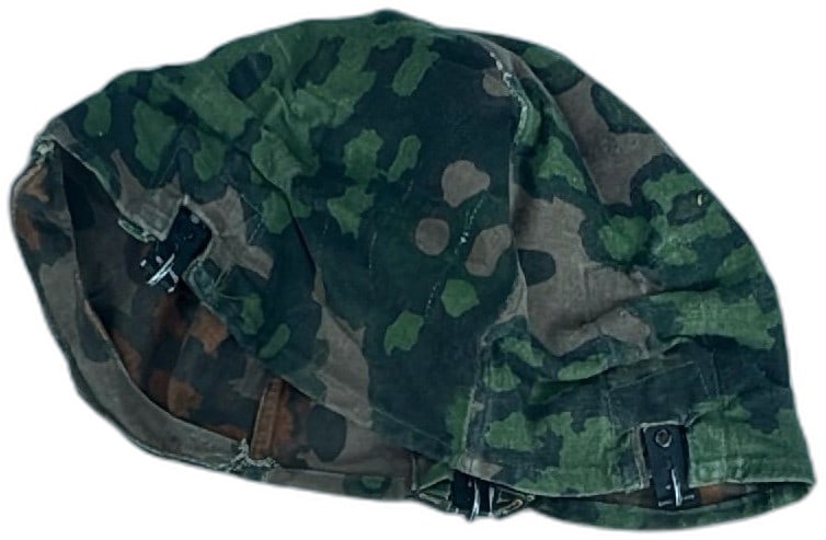 WWII German Waffen SS Helmet Cover Oak Leaf Camo Original Clip-On Type: WWII German Waffen SS helmet cover original in Oak Leaf spring camouflage pattern. Features distinctive multi-green and brown camo with metal clip fasteners for secure helmet attachment. Cover shows t