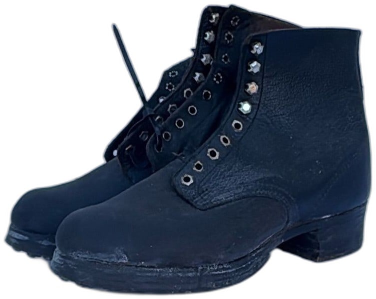 Antique German Hobnail Leather Work Boots Mens Black Early 20th Century: Antique German hobnail leather work boots, black, likely from early 20th century. Heavy leather uppers with reinforced eyelets and metal speed hooks, showing significant patina and period-specific wea