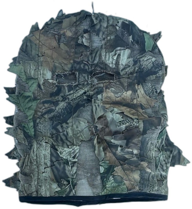 Vintage Advantage Timber 3D Leafy Camo Balaclava Hunting Face Mask Mesh: Vintage Advantage Timber 3D leafy camouflage balaclava mask, ideal for hunting, airsoft, or outdoor sports. Made with a soft camo fabric featuring realistic 3D leaf cutouts for superior concealment an