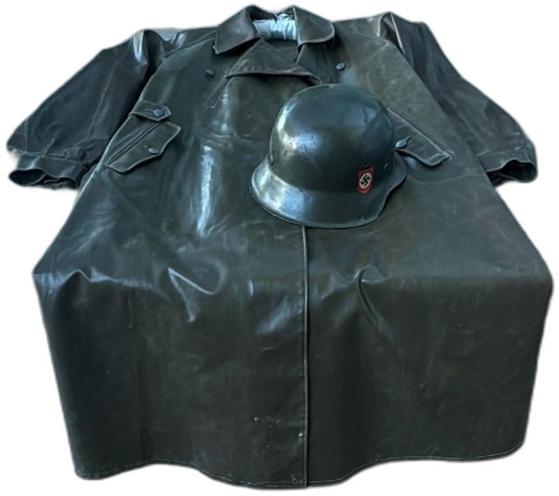 Original WWII German Police Rubberized Raincoat Erlbeck With Original Helmet Siz: WWII German police raincoat and helmet original period items, rubberized material raincoat by Erlbeck, heavy duty, grayish-olive color with interior fabric lining, visible wear and seam aging, labeled