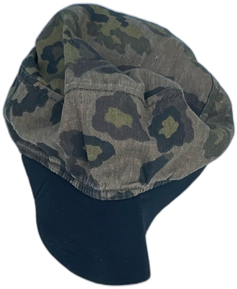 German Flecktarn Camo Field Cap Size Large Adjustable Drawstring Military Hat: German Flecktarn camouflage field cap, size large, adjustable with a drawstring and toggle. Features colorful green, brown, and black camo pattern on durable cotton fabric with a black synthetic brim