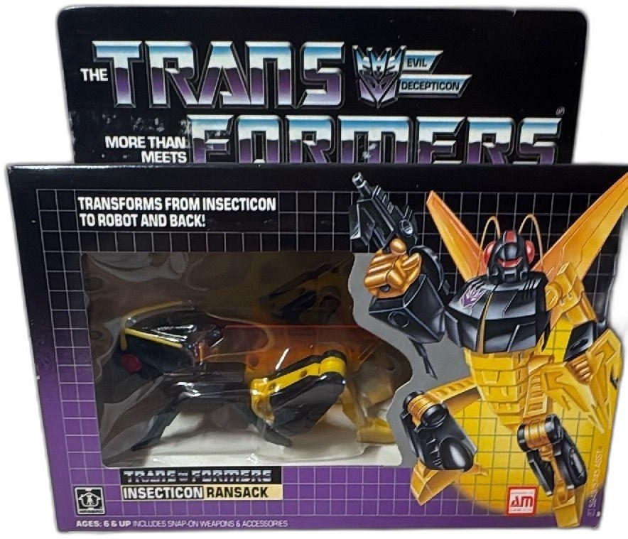 Transformers G1 Insecticon Ransack 1985 Hasbro Sealed MIB Vintage Toy: Transformers G1 Insecticon Ransack 1985 by Hasbro, vintage Decepticon figure. Factory sealed in original box, front window displays Ransack in insect mode. Glossy black and yellow color with red detai