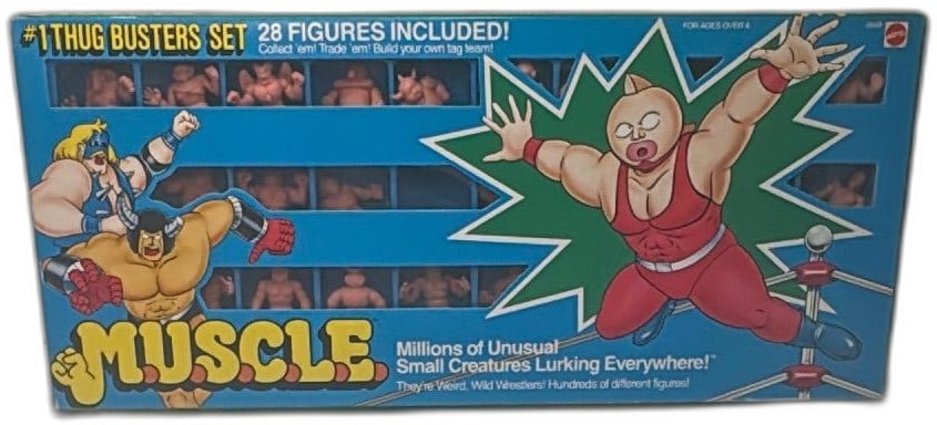 1985 Mattel M.U.S.C.L.E. #1 Thug Busters Set 28 Mini Figures Boxed Japan: Vintage 1985 Mattel M.U.S.C.L.E. #1 Thug Busters Set, 28 original mini wrestling figures in sealed display box, made in Japan. Perfect collector’s item for fans of retro toys, 80s nostalgia, and wre