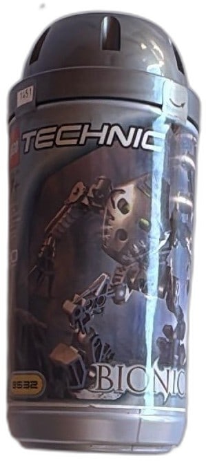 Lego Bionicle Toa Mata Onua 8532 Canister 2001 Technic Original Packaging: Lego Bionicle Toa Mata Onua 8532 from 2001, original canister packaging, Technic sub-brand. Collectible toy figure, vintage early Bionicle series, gray and black design with signature mask visible on 
