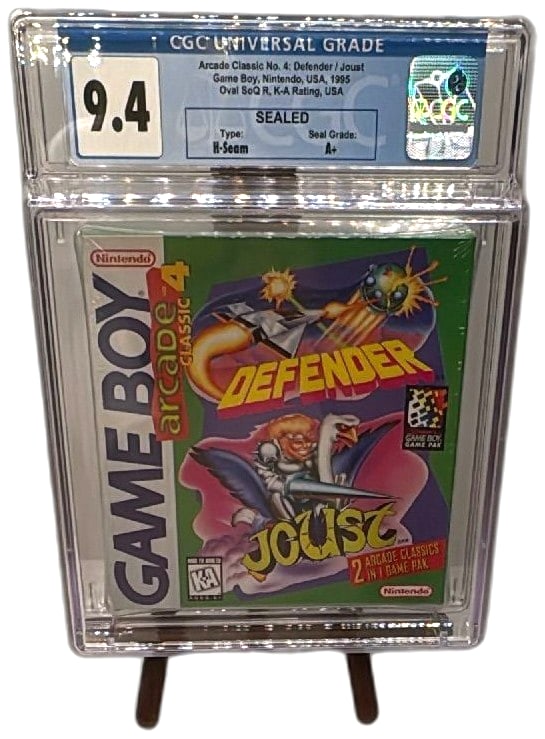 Game Boy Arcade Classic No 4 Defender Joust 1995 CGC 9.4 Sealed Nintendo: CGC graded Game Boy Arcade Classic No. 4 Defender/Joust, 1995 Nintendo sealed game, grade 9.4 with A+ H-seam seal. Ideal for video game collectors and vintage gaming fans, this item features the origi
