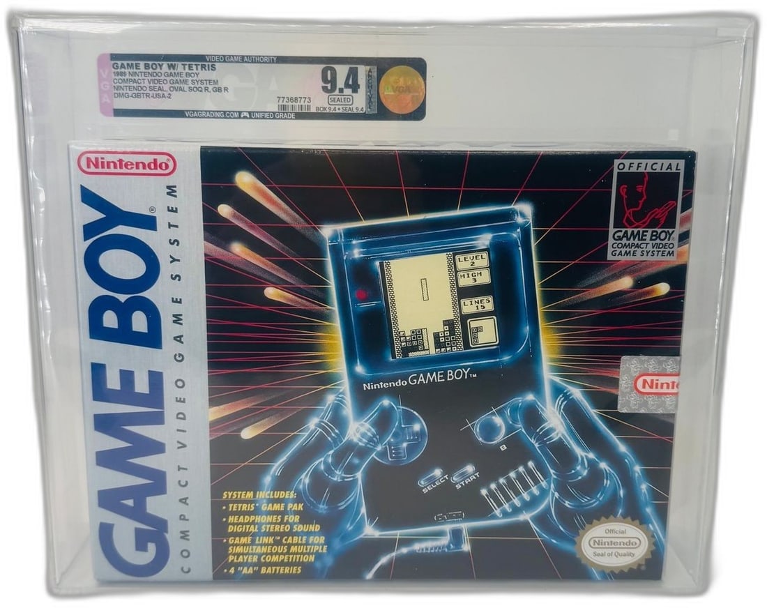 1989 Nintendo Game Boy Tetris Bundle VGA 9.4 Sealed Factory Sticker Oval SOQ DMG-GBTR: 1989 Nintendo Game Boy Tetris bundle, factory sticker sealed with Oval SOQ, VGA graded 9.4. Features original packaging with Tetris, all paperwork.