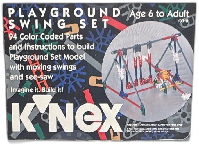 K'NEX Playground Swing Set 10010 Sealed 1992 Vintage 94 Pieces Building Toy: Vintage K'NEX Playground Swing Set 10010, 1992, sealed box with 94 color coded parts and instructions. Classic construction toy for ages 6 to adult, builds moving swings and see-saw. Great for collect