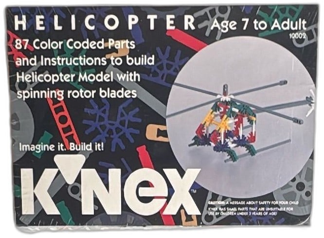 1992 K'NEX Helicopter Set 10002 New Sealed 87 Parts Vintage Construction Toy: Vintage 1992 K'NEX Helicopter Set 10002 new and factory sealed. Includes 87 color-coded plastic parts and instructions for building a helicopter with spinning rotor blades. Features bold K'NEX brandin