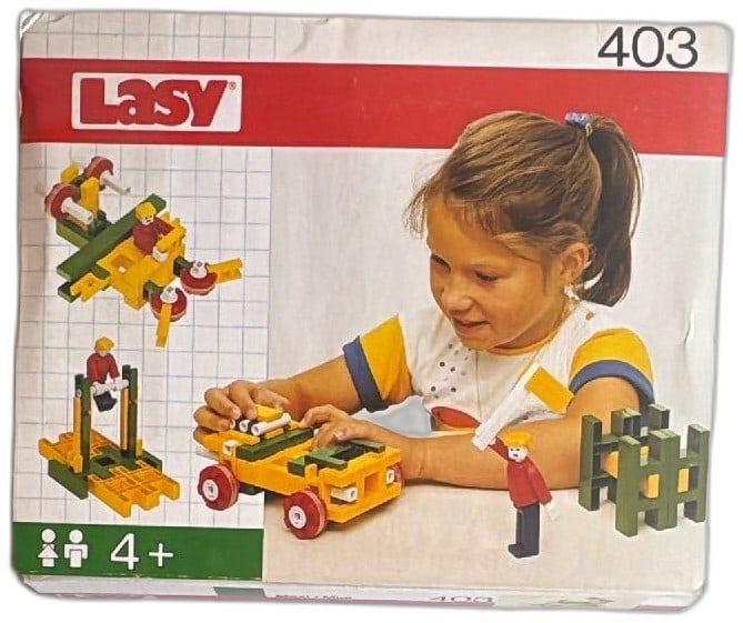 Lasy 403 Construction Building Set Maxi Midi West Germany Vintage Boxed: Lasy 403 construction toy set, made in West Germany for ages 4 and up. Includes plastic building pieces and figures in original box, ideal for creative play and STEM learning. Bright yellow, green, re
