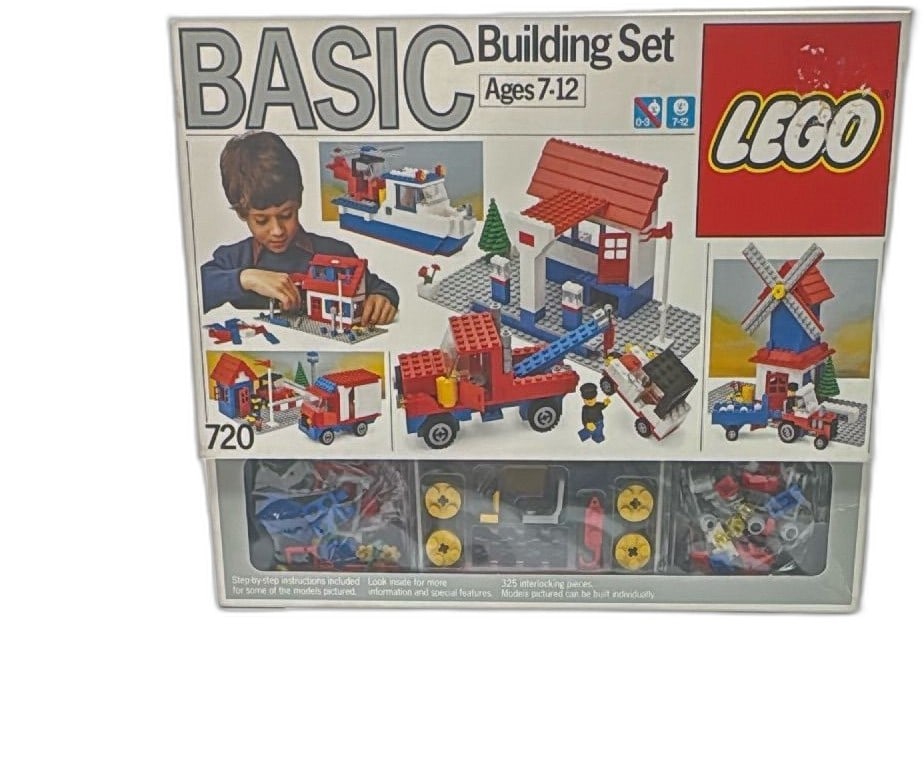 LEGO Basic Building Set 720 1985 Complete Sealed Bags Vintage Classic: Vintage LEGO Basic Building Set 720 from 1985, ages 7-12, 325 pieces, classic red, blue, and yellow bricks. Box includes original sealed bags and instructions, showing mild shelf wear and minor corner