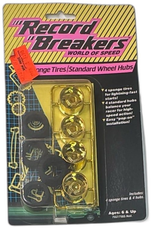 1989 Hasbro Record Breakers Sponge Tires Standard Wheel Hubs 7557/7555 New: Vintage 1989 Hasbro Record Breakers World of Speed Sponge Tires and Standard Wheel Hubs 7557/7555 Assortment, new and sealed. Includes 4 sponge tires and 4 golden hubs, perfect for Record Breaker toy