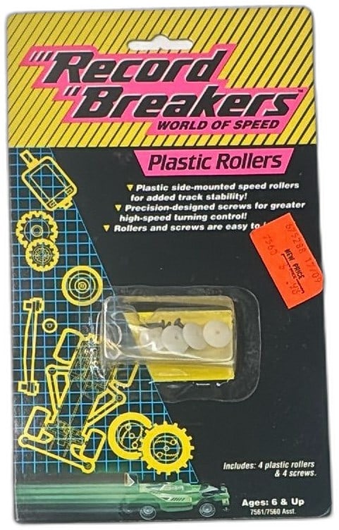 Hasbro Record Breakers Plastic Rollers 7561 7560 Vintage 1989 New Sealed: Vintage Hasbro Record Breakers Plastic Rollers set, 1989, model 7561/7560, brand new and factory sealed. Includes 4 plastic side-mounted speed rollers and 4 screws for Record Breakers slot cars, desig
