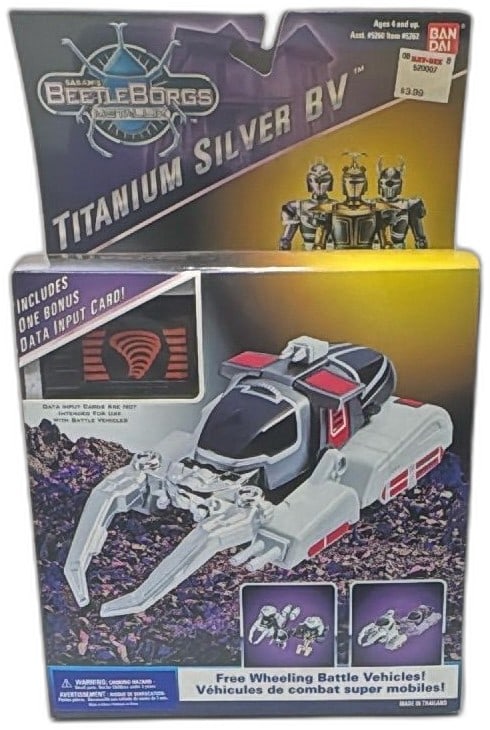 1997 Bandai Saban Beetleborgs Metallix Titanium Silver BV Battle Vehicle New: Vintage 1997 Bandai Saban Beetleborgs Metallix Titanium Silver BV battle vehicle, free-wheeling toy with bonus Storm Power data input card, new and sealed in original packaging. Features detailed silv