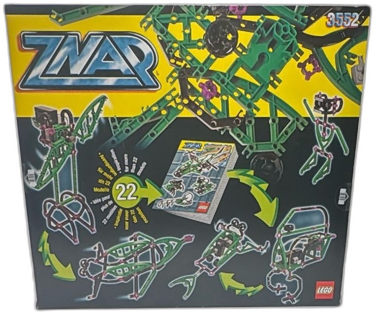 LEGO ZNAP 3552 9V Helicopter Building Set 1998 Sealed Box 22 Models Vintage: LEGO ZNAP 3552 9V Helicopter Building Set, released in 1998, vintage construction toy. Features over 22 model inspirations, electric 9-volt motor and unique green, purple, and black ZNAP beams. Box ar