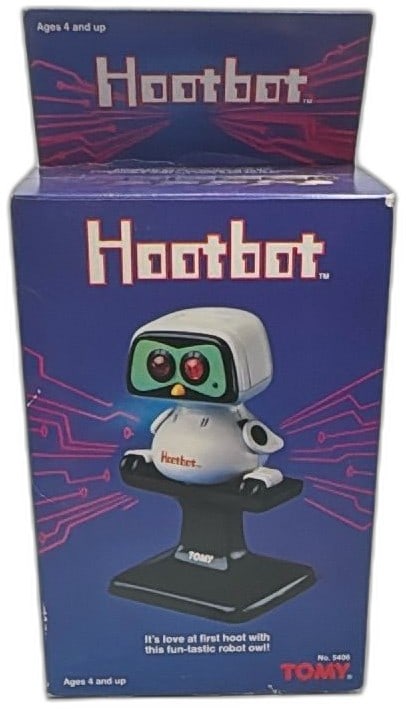 1985 Tomy Hootbot Robot Owl Toy No 5406 Original Box Vintage Japan: Vintage 1985 Tomy Hootbot robot owl toy in original box, collectible retro robot from Japan. Hootbot features flashing eyes, flapping wings, flicking tail, and operates with dancing feet and moving he