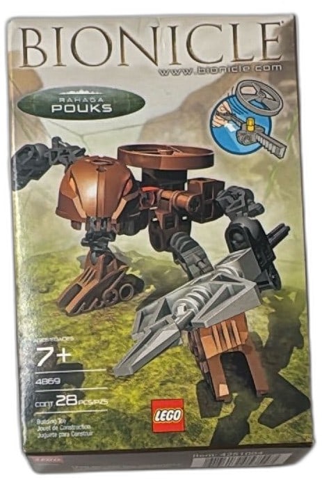 LEGO Bionicle Rahaga Pouks 4869 2004 Sealed Set 28 Pieces Collectible: LEGO Bionicle Rahaga Pouks 4869, 2004, collectible construction toy, sealed box in excellent condition. Vintage Bionicle set includes 28 pieces for building the Rahaga Pouks character, with classic br