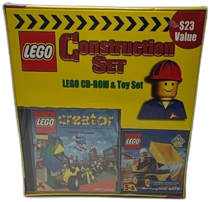 LEGO Construction Set 2000 CD-ROM Creator Game With Mini Dump Truck 6470 New: LEGO Construction Set 2000, includes LEGO Creator PC CD-ROM game and LEGO City Center Mini Dump Truck 6470 (24 pieces, ages 5-8). Vintage collectible bundle features original sealed packaging, bright