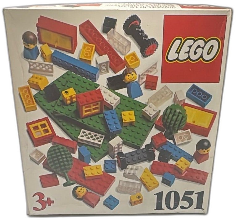 Vintage 1981 Lego Basic Building Set 1051 Complete Box Denmark Age 3 Plus: Vintage 1981 LEGO Basic Building Set 1051, made in Denmark, with classic original box featuring retro logo and colorful brick imagery. Includes assorted bricks, figures, windows, wheels, and base plat