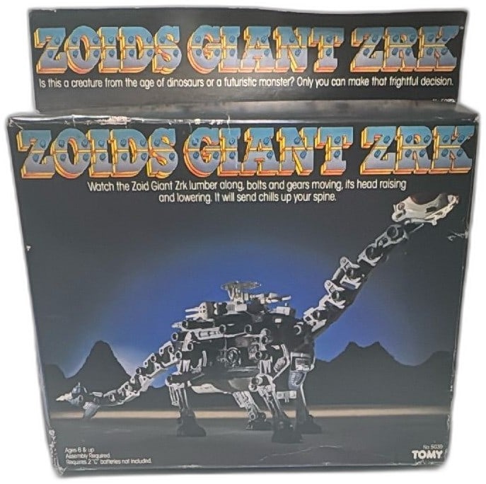 1983 Tomy Zoids Giant Zrk No 5039 Vintage Motorized Model Kit Boxed: Vintage Tomy Zoids Giant Zrk 1983 motorized model kit, No 5039, in original illustrated box. Classic Zoids collectible, features a robotic dinosaur/monster with long neck and mechanical details, requi