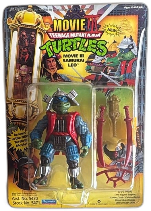Teenage Mutant Ninja Turtles Movie III Samurai Leo 1992 Playmates MOC Figure: Teenage Mutant Ninja Turtles Movie III Samurai Leo action figure by Playmates, 1992, mint on card. Features Leonardo in samurai attire as seen in TMNT Movie III. Includes accessories: time-slippin’