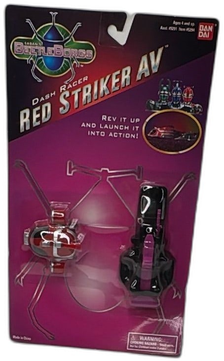 BeetleBorgs Dash Racer Red Striker AV Bandai 1996 Sealed Vintage Toy Car: BeetleBorgs Dash Racer Red Striker AV by Bandai, released in 1996, factory sealed on card. Highly collectible vintage toy vehicle from Saban's BeetleBorgs series. Features bright red and black plastic