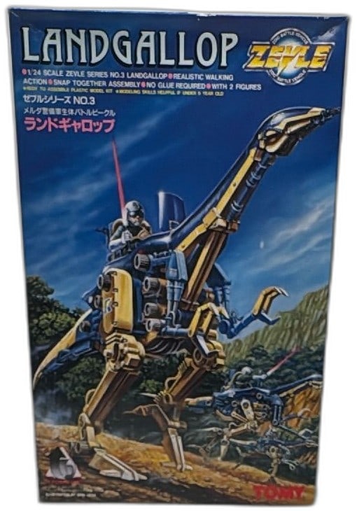 Tomy Zoids Zelve Series No 3 Landgallop Dinosaur Type Model Kit 1992 New: Tomy Zoids Zelve Series No 3 Landgallop Dinosaur Type Model Kit 1992. Vintage 1/24 scale snap-together plastic model kit features realistic dinosaur-inspired walking action and includes two figures. M