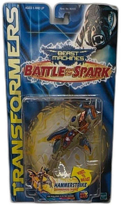Transformers Beast Machines Hammerstrike Battle For The Spark 2000 MOSC: Transformers Beast Machines Hammerstrike Battle For The Spark 2000, new on sealed card. Features the Hammerstrike figure (Hammerhead Shark) from Hasbro, manufactured under license from Takara, part of