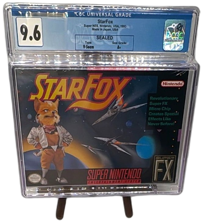 StarFox Super Nintendo SNES 1993 Sealed CGC 9.6 A+ V-Seam Graded Game: StarFox for Super Nintendo SNES, original 1993 release, factory sealed, graded 9.6 with A+ seal and V-Seam type by CGC. Highly collectible vintage video game, features the revolutionary Super FX chip