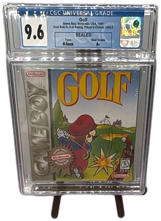 Nintendo Game Boy Golf 1997 Sealed CGC 9.6 A Plus Player’s Choice: Nintendo Game Boy Golf sealed 1997 Player’s Choice edition, CGC graded 9.6 with A+ seal, highly collectible vintage video game. Rare 1997 release in pristine original shrink wrap featuring H-seam, K