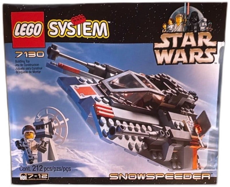 LEGO Star Wars Snowspeeder 7130 1999 Set 212 Pieces Complete Sealed Box: Vintage LEGO Star Wars Snowspeeder 7130 from 1999, 212-piece building set, features classic Star Wars vehicle and minifigures. Includes original packaging showing some creasing and wear along edges bu