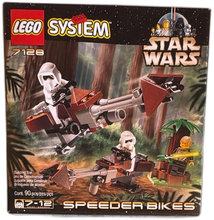 LEGO Star Wars 7128 Speeder Bikes 1999 New Sealed 90 Pieces Classic Set: LEGO Star Wars 7128 Speeder Bikes set from 1999, unopened and factory sealed. Includes 90 pieces with two Scout Trooper minifigures, one Luke Skywalker minifigure, and two iconic brown speeder bikes.