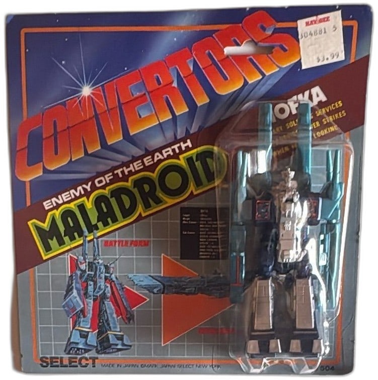 Converters Maladroid Nofka Vintage Enemy Robot Figure Select Japan MOSC: Converters Maladroid Nofka vintage transforming robot figure by Select Japan, mint on sealed card. 1980s enemy of the Earth robot, converts from robot to battleship. Package art features bold graphics