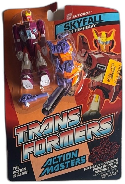 Transformers Action Masters Skyfall With Top-Heavy 1989 Hasbro Mint On Card: Transformers Action Masters Skyfall with Top-Heavy, released by Hasbro in 1989, mint on card. Features the Autobot Skyfall figure, Top-Heavy partner that converts from rhino to machine gun, and Cloudb