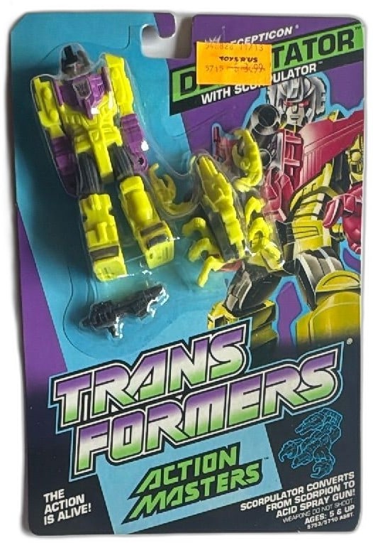 Transformers Action Masters Devastator With Scorpulator 1989 Hasbro Sealed MOC: Transformers Action Masters Devastator with Scorpulator by Hasbro, 1989. Vintage Decepticon figure new on original card, never opened, with bright yellow and purple coloring and clear Decepticon logo.