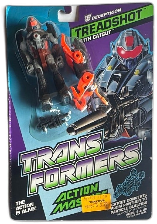 1989 Transformers Action Masters Decepticon Treadshot With Catgut MOSC Hasbro: Vintage Transformers Action Masters Decepticon Treadshot with Catgut by Hasbro, released in 1989. Sealed on original card, this collectible features the Treadshot figure and partner Catgut panther, bo