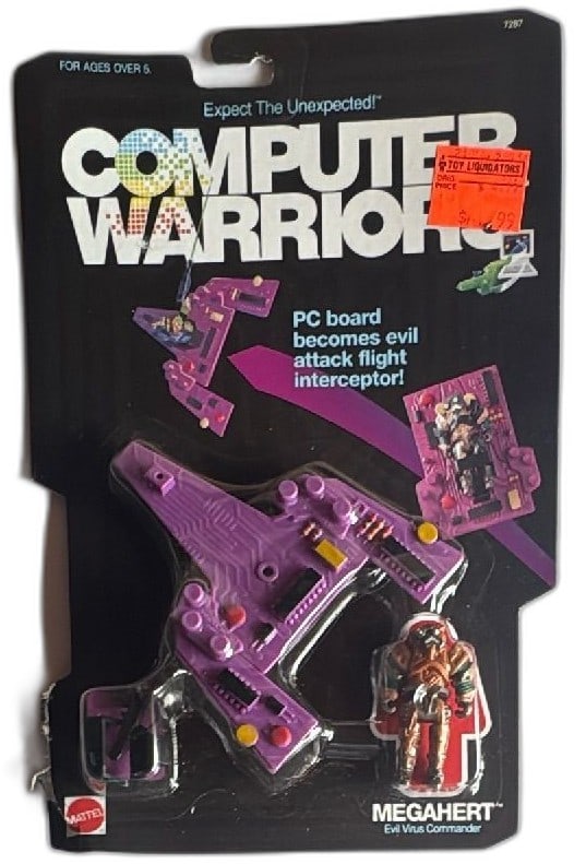 1989 Mattel Computer Warriors Megahert Evil Virus Commander PC Board MOC: Rare vintage 1989 Mattel Computer Warriors Megahert Evil Virus Commander action figure and PC board vehicle in original package. Collectible toy features transforming purple circuit board that becomes