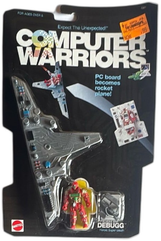 1989 Mattel Computer Warriors Debugg Action Figure PC Board Rocket Plane MOC: 1989 Mattel Computer Warriors Debugg action figure with transforming PC board rocket plane, mint on card. Vintage collectible toy from the Computer Warriors line, featuring articulated red and gold De
