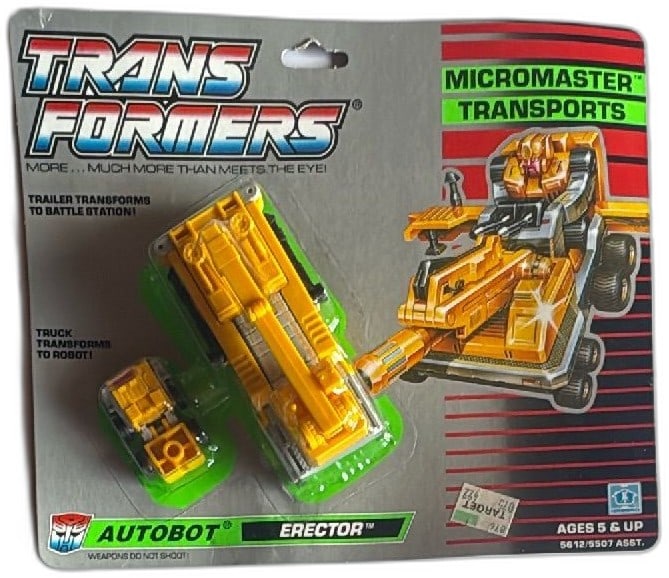Transformers G1 Micromaster Transports Autobot Erector 1988 Hasbro Sealed MOC: Transformers G1 Micromaster Transports Autobot Erector vintage collectible toy by Hasbro, released in 1988. Features yellow and silver construction crane with Micromaster figure, transforms from truck