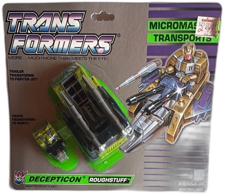 Transformers G1 Micromaster Transports Roughstuff Decepticon Hasbro 1988 MOSC: Transformers G1 Micromaster Transports Decepticon Roughstuff by Hasbro, released in 1988. Vintage action figure in original card packaging, unopened (MOSC). Features a truck that transforms to a robot