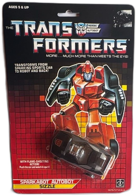 Transformers G1 Sparkabot Autobot Sizzle 1987 Hasbro MOSC Flame Spark Action: Vintage Transformers G1 Sparkabot Autobot Sizzle action figure by Hasbro, 1987, new on original card. Features flame-shooting spark action—sparks when pushed. Includes original sealed packaging with